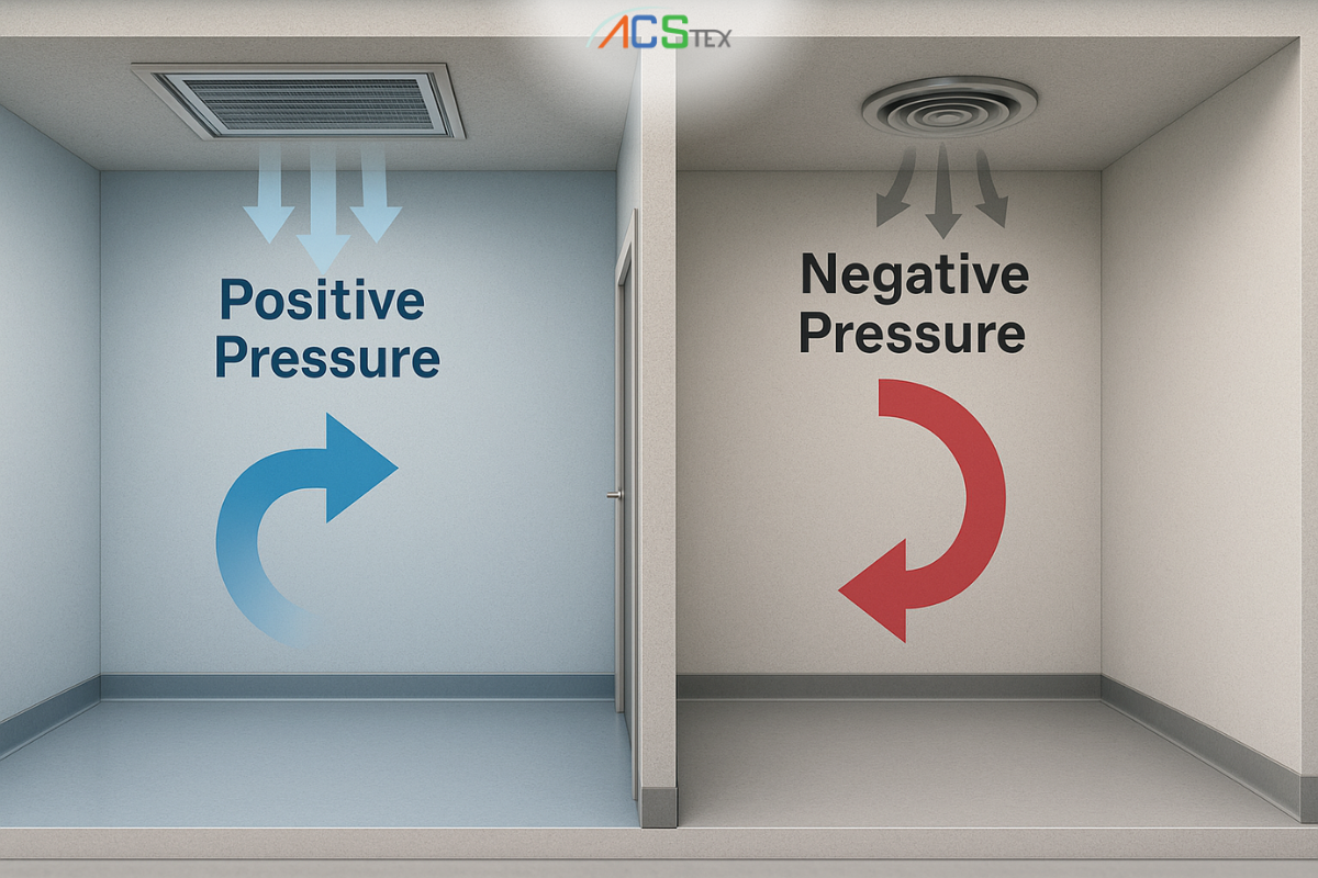 "แสดงการควบคุมทิศทางการไหลของอากาศด้วย Positive และ Negative Pressure ในห้องคลีนรูม"
