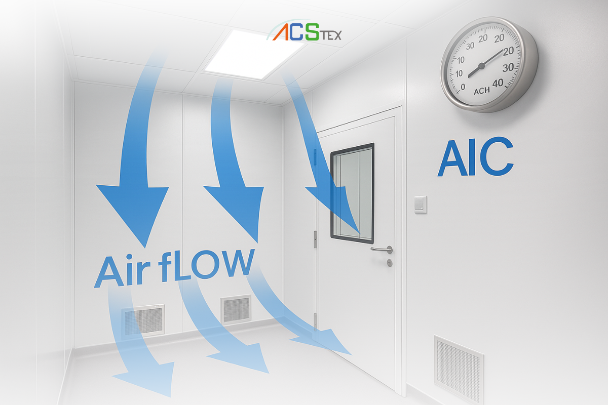 แสดงทิศทาง Flow ของอากาศ และการคำนวณรอบเปลี่ยนอากาศต่อชั่วโมง (ACH) ในห้องควบคุมความสะอาด
